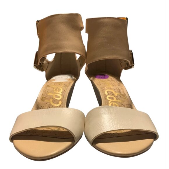 SAM EDELMAN Cream + Beige Leather Susanna Ankle Strap Wedge Sandals Size 6.5M - Picture 5 of 8